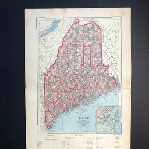 c. 1887 MAINE MAP lithograph - original antique print - map of united states of america