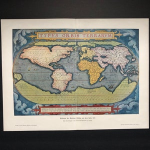 c. 1900 WELTKARTE Lithografie - original antiker Druck - Blick auf die Welt im 16. Jahrhundert - alte Landkarte Druck - Globus Druck - Mercator Ansicht