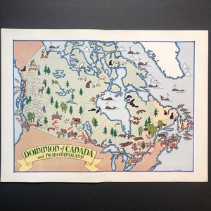 c. 1946 CANADA kaart-Vintage kaart van de Dominion van Canada en Newfoundland-leuke kaart weergegeven industrie & natuurlijke habitat-Canada afdrukken