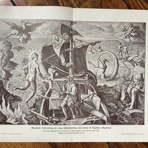 c. 1900 MAGELLAN EXPLORER lithograph - original antique print - historical allegory lithograph