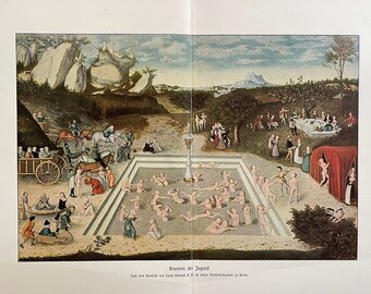 FOUNTAIN of YOUTH lithograph c. 1900 • original antique print • from a painting by Lucas Cranach the Elder • mythical spring • eternal youth