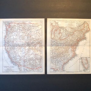 C. Mapa de los ESTADOS UNIDOS de 1875 - grabado antiguo original - mapa de los EE. UU. - Mapas del mundo - juego de 2 mapas antiguos