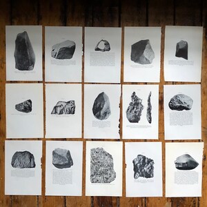 May include: A collection of 15 black and white photographs of various rocks and stones. Each photograph is mounted on a white card with a caption underneath.