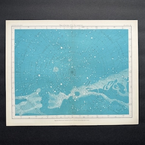 SOUTH POLE STAR map c. 1908 • antique astronomy print - star chart lithograph - blue celestial print with milky way & constellations