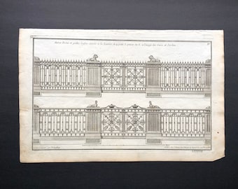 c. 1757 GATES • ANTIQUE ARCHITECTURE print - antique architecture print - french building with plan view - black & white engraving