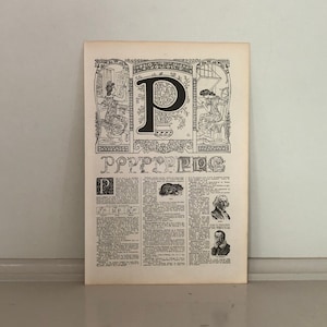c. 1922 - LETRA P - Impressão MONOGRAMA - impressão antiga original - desenho gráfico do alfabeto francês - inicial decorativa