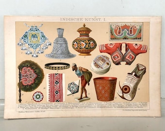 Litografía de arte indio (c. 1903) - Grabado antiguo original - Arte asiático - Cultura india - Decán - Punjab - Nepal - Bombay - Cachemira - Madrás