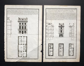 1757 CASA DE ARQUITECTURA CON PLANES - grabado original de edificios franceses antiguos - impresiones de arquitectura - conjunto de 2 grabados