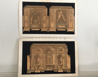 antique prints c.1757 - DE NEUFFORGE ARCHITECTURE prints - original antique hand coloured engravings - architectural interiors - set of 2