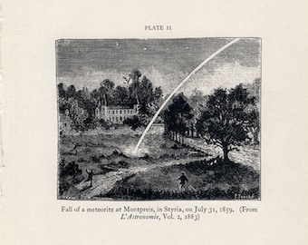 c. 1934 METEOR lithograph • original vintage print - celestial astronomy meteorite print -  at Montpreis in Syria on july 31 1859