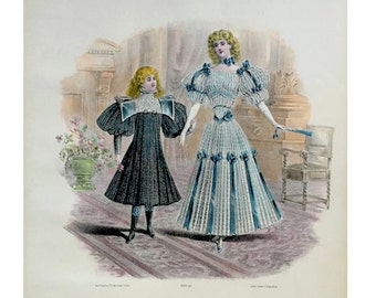 ANTIQUE FRENCH FASHION lithograph - original antique print - fashion illustration design fashion designer - dresses for children