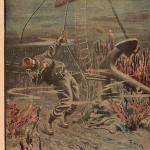 Ca 1907 DÖDSLITOGRAFI AV EN DYKARE - original antikt tryck - undervattenshavet - en djuphavsdykares fruktansvärda död - dykolycka