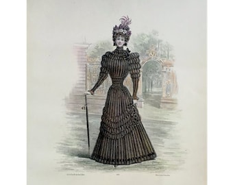 ANTIQUE FRENCH FASHION lithograph - original antique print - fashion illustration design fashion designer - black pleated dress