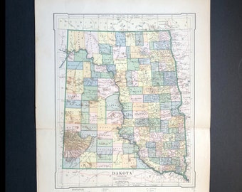 MAPA DAKOTY USA ok. 1887 r. • oryginalna mapa antyczna • Stany Zjednoczone Ameryki – Dakota Północna i Południowa