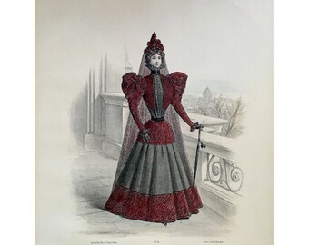 ANTIQUE FRENCH FASHION lithograph - original antique print - fashion illustration design fashion designer - red dress