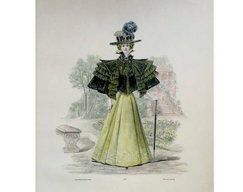 ANTIQUE FRENCH FASHION lithograph - original antique print - fashion illustration design fashion designer - yellow and green dress