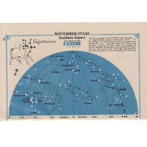 1920 BOOGSCHUTTER sterrenkaart originele vintage hemelse astronomie lithografie - NOVEMBER sterren zuidelijk aspect & DECEMBER noordelijk aspect