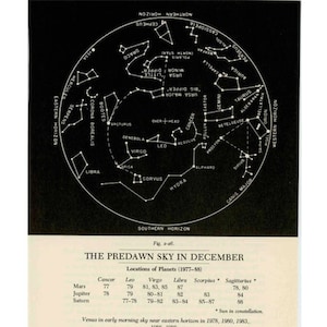 c.1977 DECEMBER STAR MAP celestial zodiac constellation print vintage astronomy print predawn sky chart showing planets & asterisms image 1