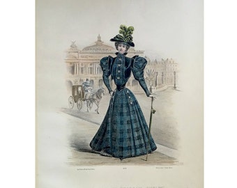 ANTIQUE FRENCH FASHION lithograph - original antique print - fashion illustration design fashion designer - blue plaid dress