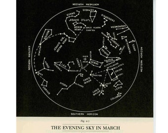 c.1977 MARCH STAR MAP - celestial zodiac constellation print - vintage astronomy print - evening sky chart - showing planets & asterisms