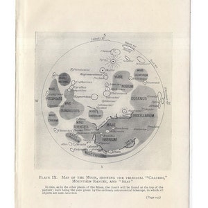 C. 1909 KARTE vom MOND -Lithographie • original alter Druck - Astronomie himmlisch - Krater, Gebirgszüge und Meere - mara