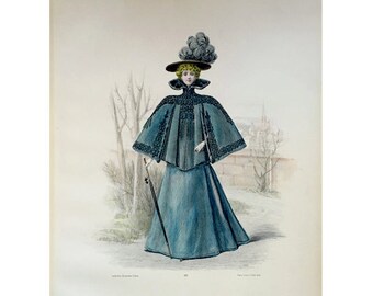 ANTIQUE FRENCH FASHION lithograph - original antique print - fashion illustration design fashion designer - blue dress with cape