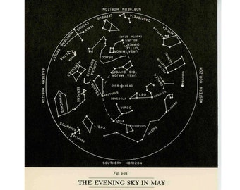 c.1977 MAY STAR MAP - celestial zodiac constellation print - vintage astronomy print - evening sky chart - showing planets & asterisms