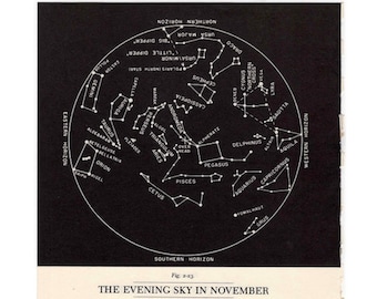 c.1977 NOVEMBER STAR MAP - celestial zodiac constellation print - vintage astronomy print - evening sky chart - showing planets & asterisms