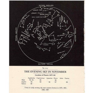 c.1977 NOVEMBER STAR MAP - celestial zodiac constellation print - vintage astronomy print - evening sky chart - showing planets & asterisms