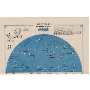 1920 LEO carta estelar impresión litografía de astronomía celestial vintage original - estrellas de julio aspecto sur y estrellas de agosto aspecto norte