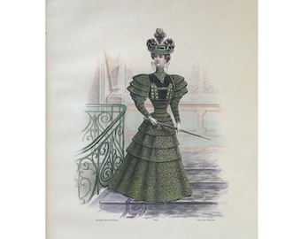 ANTIQUE FRENCH FASHION lithograph - original antique print - fashion illustration design fashion designer - green ottoman clothing