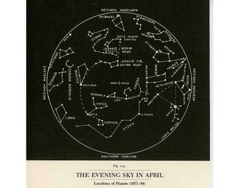 c.1977 APRIL STAR MAP - celestial zodiac constellation print - vintage astronomy print - evening sky chart - showing planets & asterisms