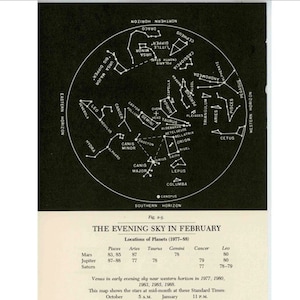 c.1977 FEBRUARY STAR MAP - celestial zodiac constellation print - vintage astronomy print - evening sky chart - showing planets & asterisms