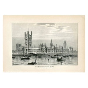 c. 1890 LONDON PARLIAMENT building - original antique print - England UK city view - palais de Westminster - Big Ben -