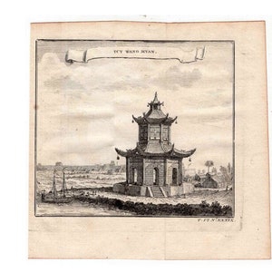 May include: A black and white engraving of a pagoda-style building with a banner above that reads "T'CY WANO MYAN."