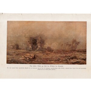 Puede incluir: Una ilustración vintage que representa un antiguo templo en ruinas en un paisaje desértico. El templo está parcialmente oscurecido por una atmósfera brumosa, con palmeras visibles en el fondo. El texto debajo de la imagen dice "Das untere Nilthal zur Zeit des Welchens des Chamlin."