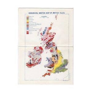 C. 1907 ANTIQUE GEOLOGY MAP - British Isles Map - geological sketch - historical geology print - prehistoric geology -