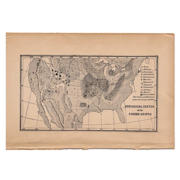 GEOLOGISK SKISS USA-karta ca 1877 - original antikt tryck - historisk geologi - förhistorisk scen - förhistorisk geologi - geologitryck -