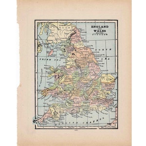 1910 年頃のイングランドとウェールズの地図 - オリジナルのアンティーク プリント - 世界の地図 - 国際地図作成 - イギリス