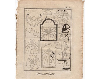 c. 1784 GNOMONICS SUNDIALS print • original antique print of geometric science of constructing and using dials and sundials - plate 1