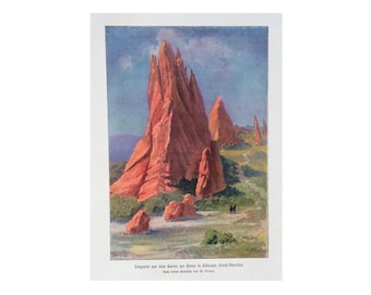 RED ROCKS lithograph c. 1900 •  original antique  print • landscape • garden of the gods national park Colorado USA - Geological formations