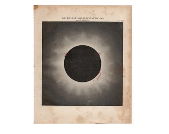 RARE! c. 1875  TOTAL ECLIPSE lithograph - antique astronomy print - total solar eclipse engraving -  eclipse of the sun - solar corona print