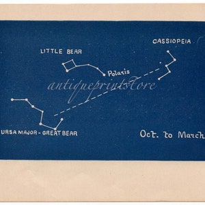 1909 CASSIOPEIA mini-sterrenbeeldkaart originele antieke ongebruikelijke en zeldzame afdruk van de hemelse astronomie - polaris ursa major en minor