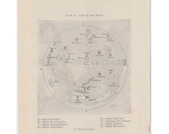 Mapa lunar, lámina vintage c. 1935 • Litografía vintage original • Lámina celestial • Lámina de astronomía • Lámina del sistema solar • Cráteres y mares lunares