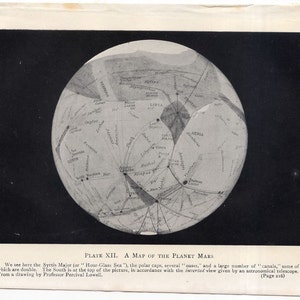 C. PLANET MARS Lithographie original antiker Druck - Lithographie - Astronomie Himmelskörper - Eine Karte des Planeten Mars - Zeichnung von Lowell