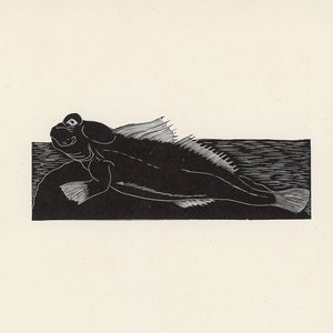May include: Black and white woodcut print of a fish with a large head and a long, slender body.