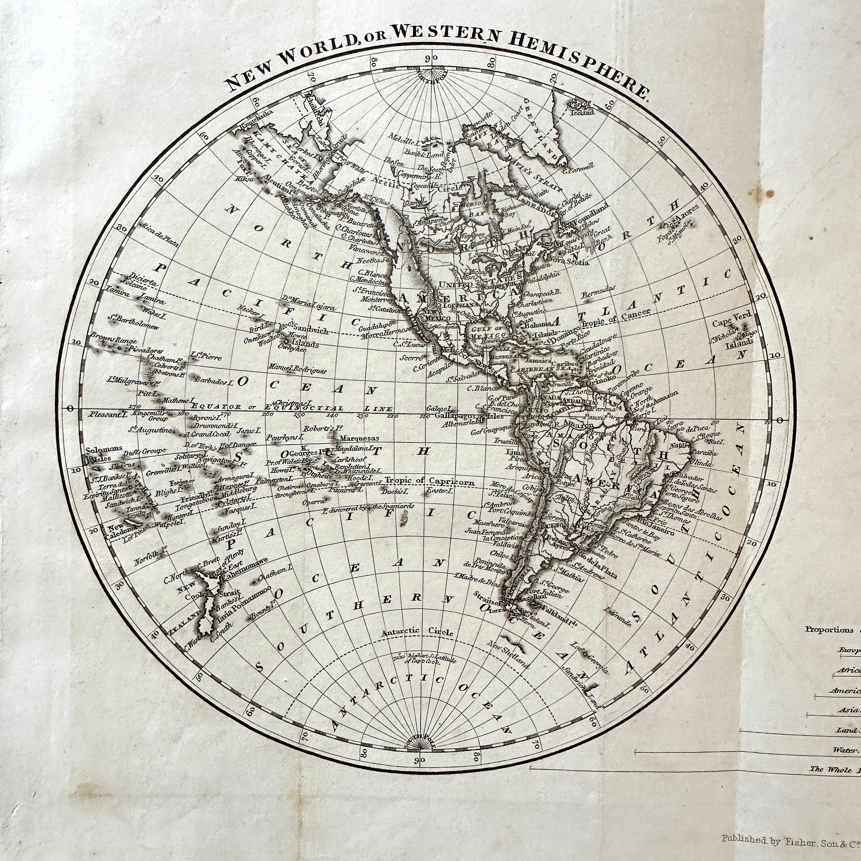 世界半球地図 1825年頃 • オリジナルアンティーク地図 • 新世界 • 旧