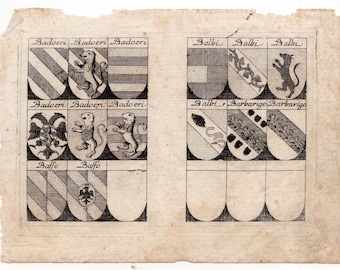 May include: A black and white image of nine heraldic shields with the names "Badoeri", "Balbi", "Barbarigo", and "Baffo" written above them.