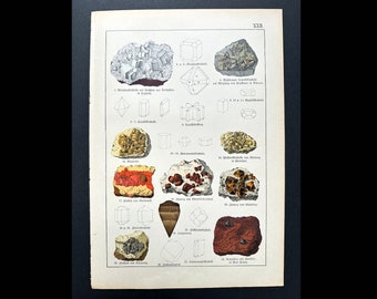 c. 1878 • GEMS & MINERAL lithograph • original antique print • mineralogy print • precious stone - geology print • rocks • ores • stones
