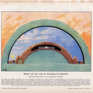 c. 1900 HEAVEN & EARTH litho - originele antieke print - hemelse astronomie print - volgens de Babyloniërs